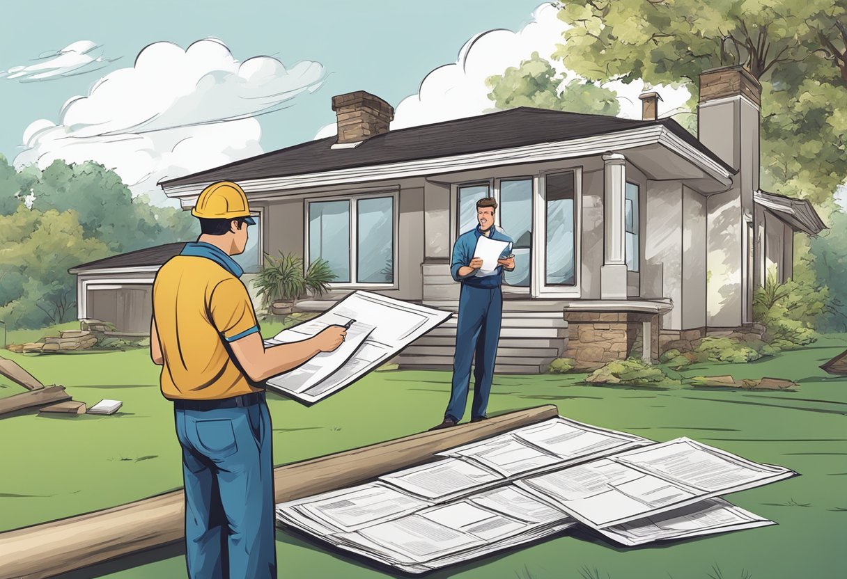 An insurance adjuster inspects water-damaged property, reviewing policy documents and discussing coverage with the homeowner